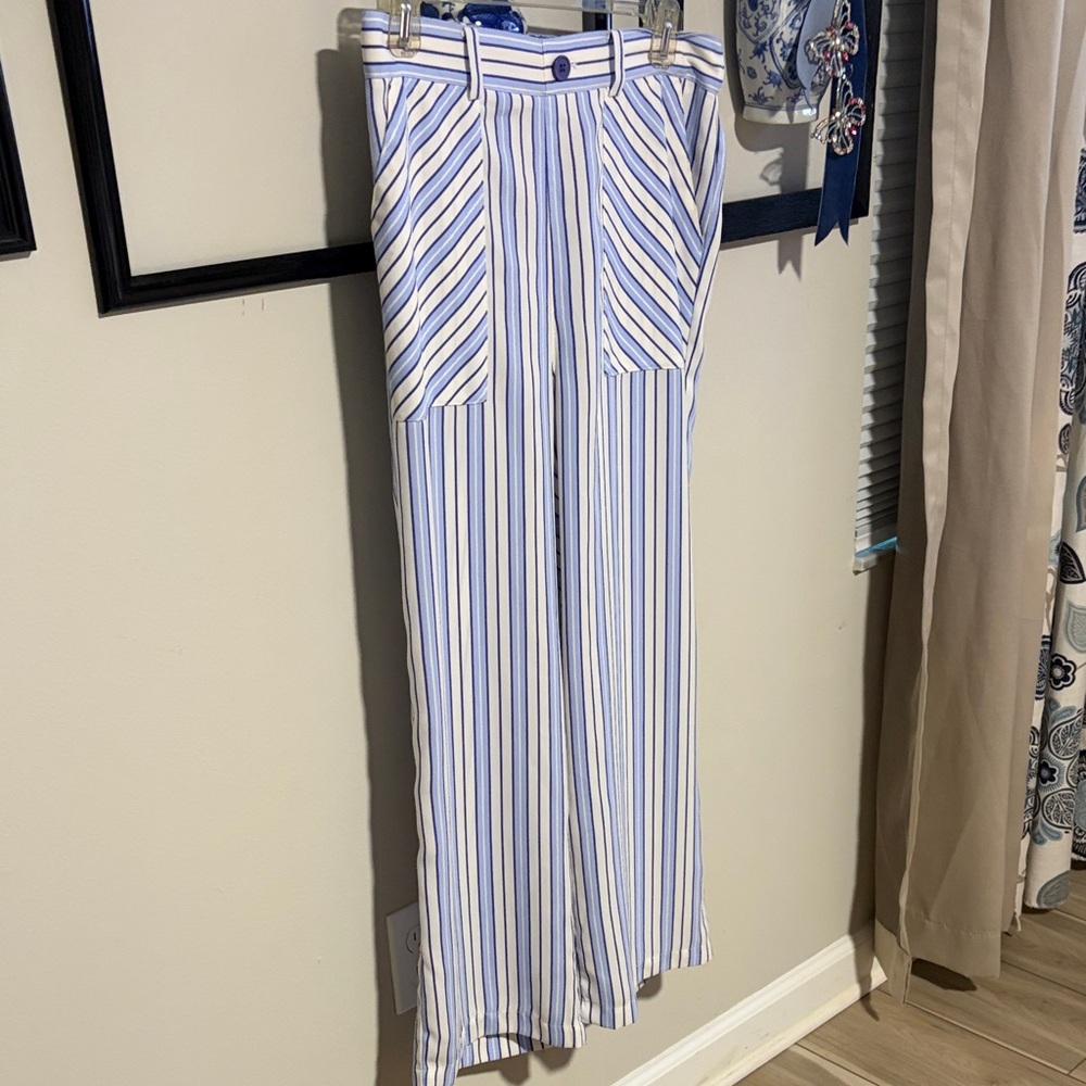 LOFT Blue and White Striped Wide Leg Pants